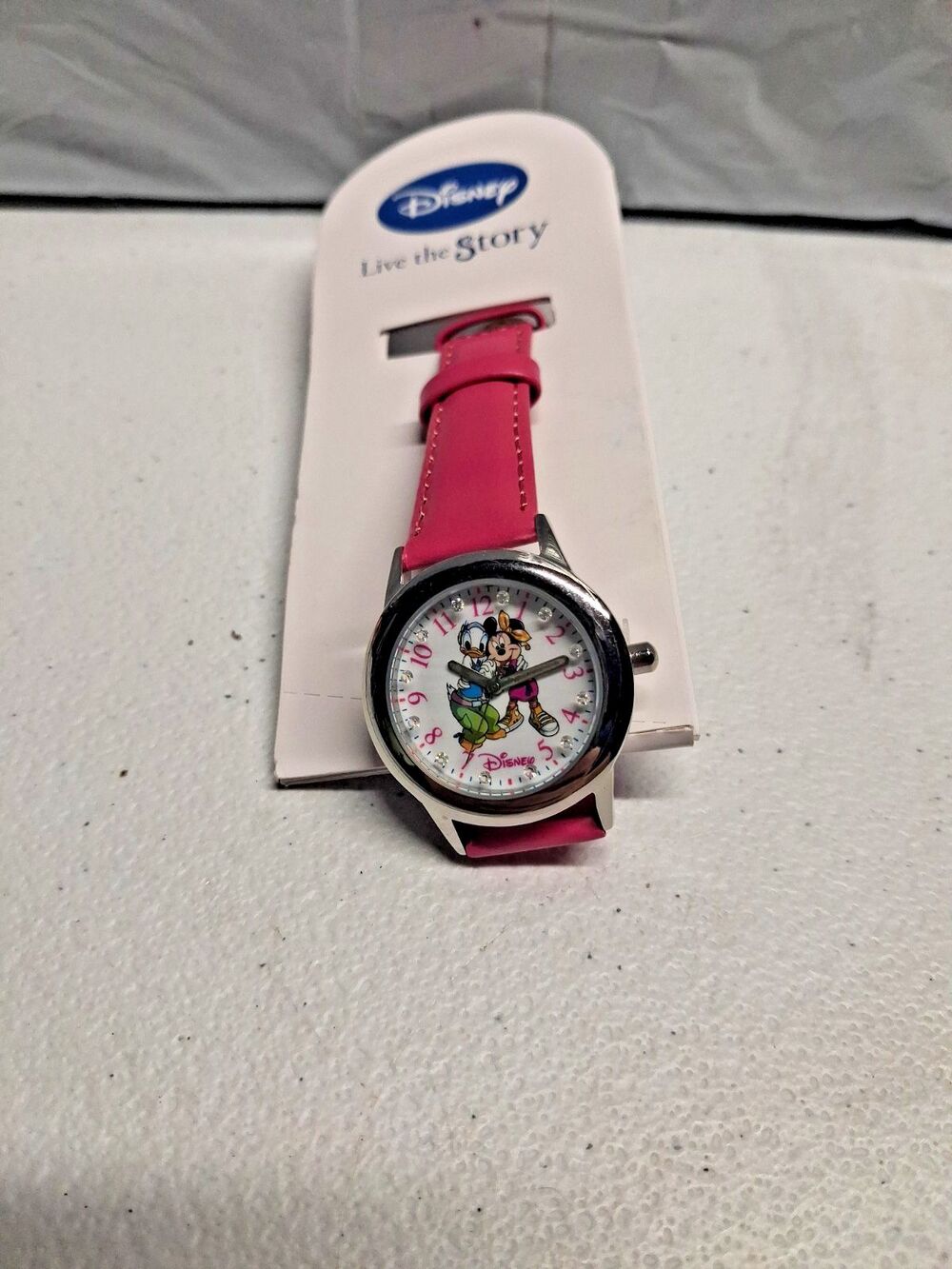 DISNEY MINNIE MOUSE Kids Love The Story Silver Tone Pink Band Needs Battery